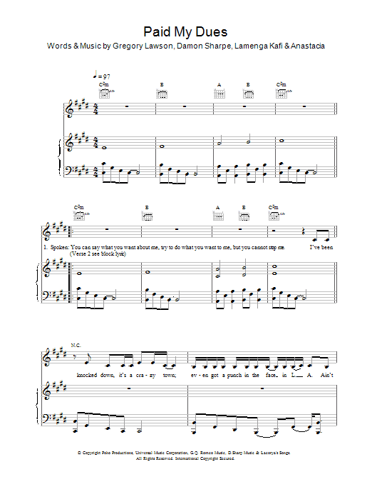 Anastacia Paid My Dues Sheet Music Notes & Chords for Piano, Vocal & Guitar - Download or Print PDF