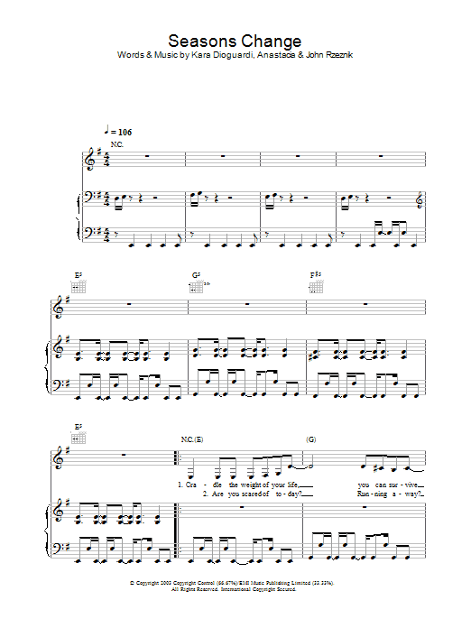 Anastacia Seasons Change Sheet Music Notes & Chords for Piano, Vocal & Guitar - Download or Print PDF