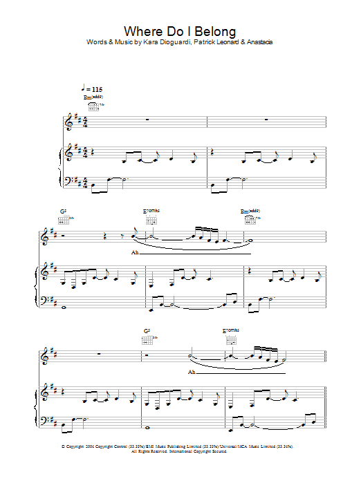 Anastacia Where Do I Belong Sheet Music Notes & Chords for Piano, Vocal & Guitar - Download or Print PDF