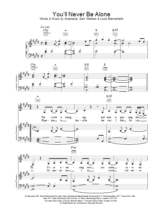 Anastacia You'll Never Be Alone Sheet Music Notes & Chords for Piano, Vocal & Guitar - Download or Print PDF