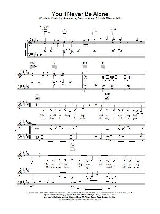 Anastacia You'll Never Be Alone sheet music notes and chords. Download Printable PDF.