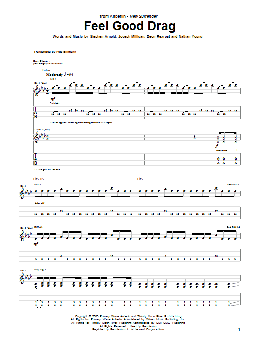 Anberlin Feel Good Drag Sheet Music Notes & Chords for Guitar Tab - Download or Print PDF