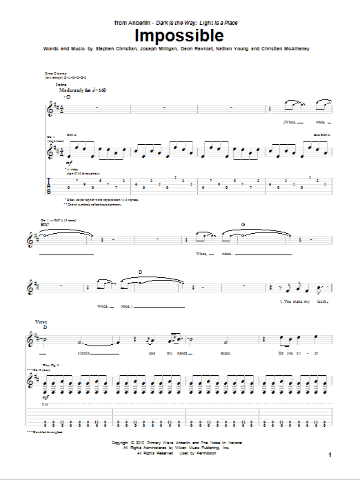 Anberlin Impossible Sheet Music Notes & Chords for Guitar Tab - Download or Print PDF