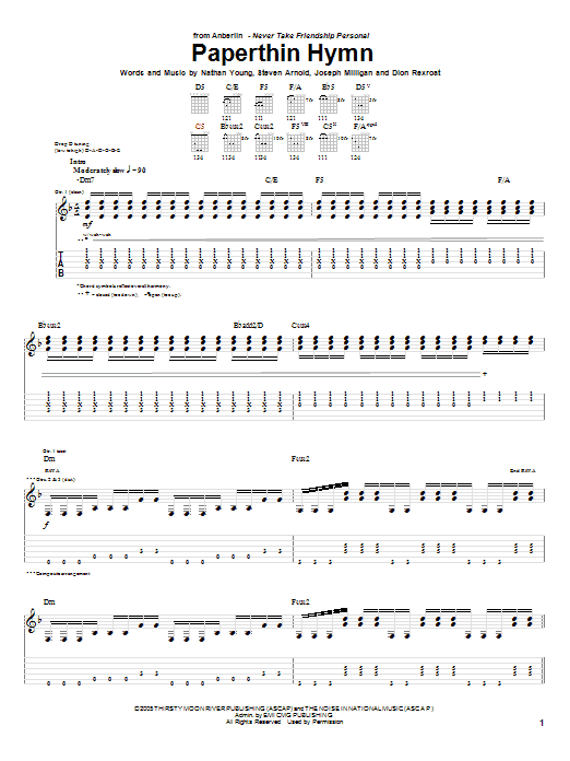 Anberlin Paperthin Hymn Sheet Music Notes & Chords for Guitar Tab - Download or Print PDF