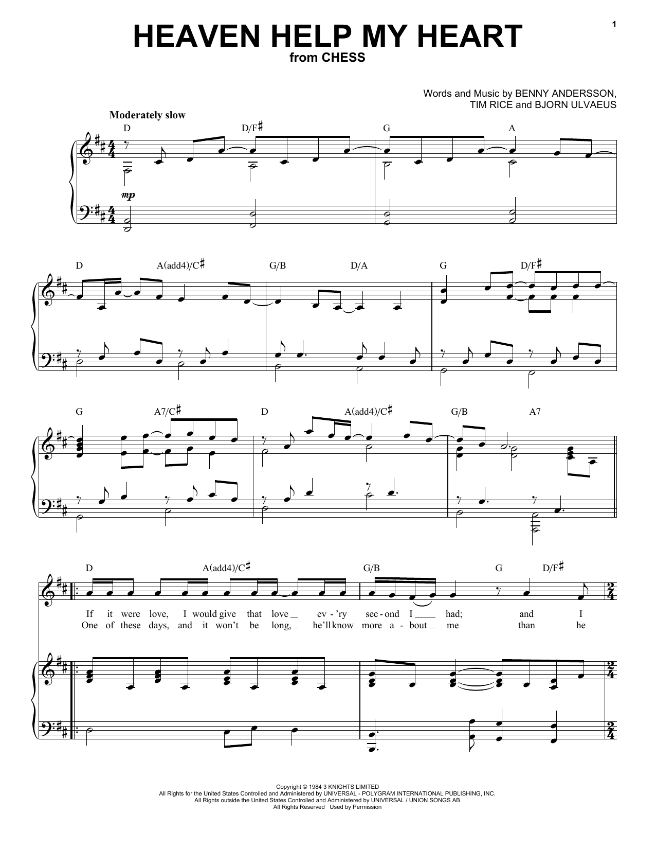 ANDERSSON And ULVAEUS Heaven Help My Heart (from Chess) Sheet Music Notes & Chords for Melody Line, Lyrics & Chords - Download or Print PDF