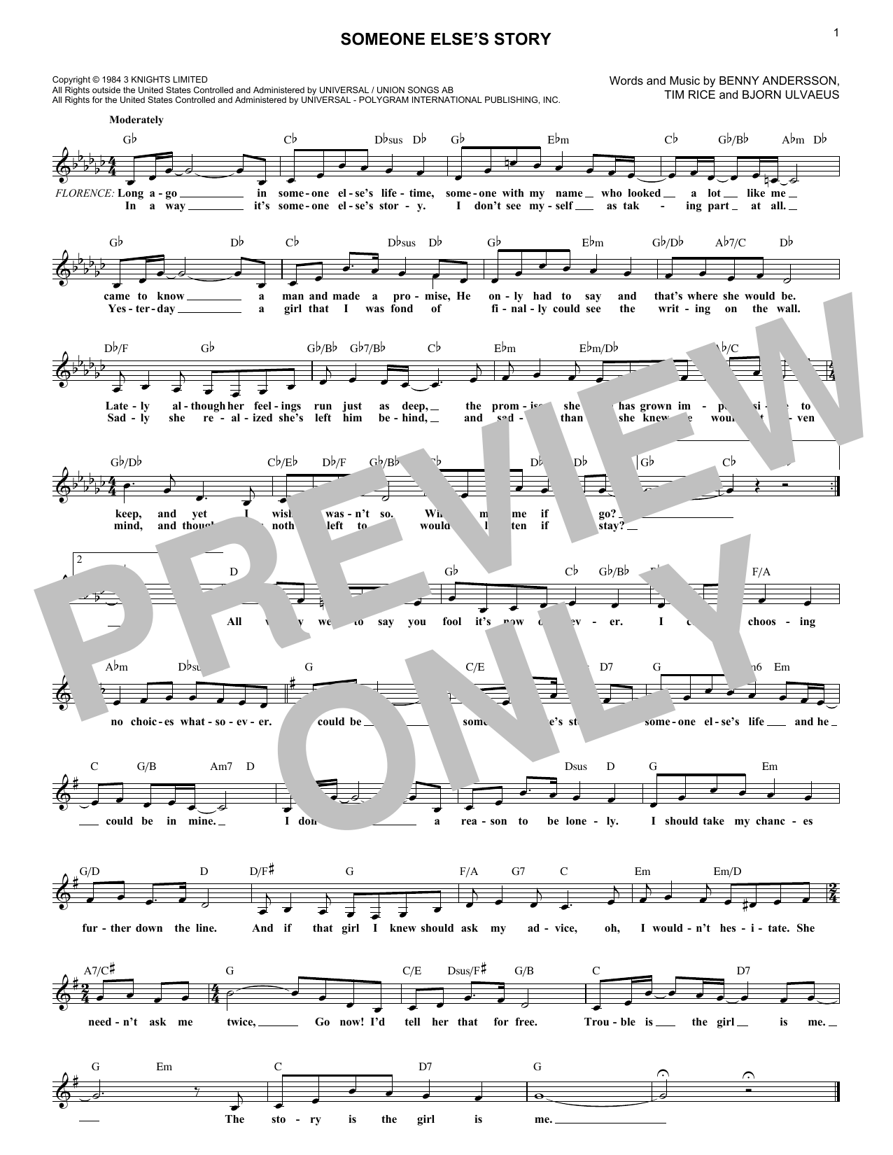 ANDERSSON And ULVAEUS Someone Else's Story (from Chess) Sheet Music Notes & Chords for Lead Sheet / Fake Book - Download or Print PDF
