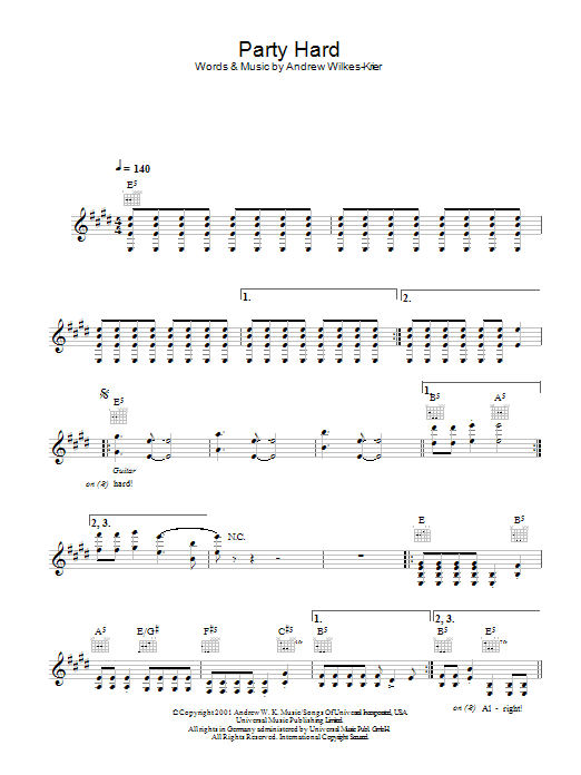 Andrew W.K. Party Hard Sheet Music Notes & Chords for Melody Line, Lyrics & Chords - Download or Print PDF