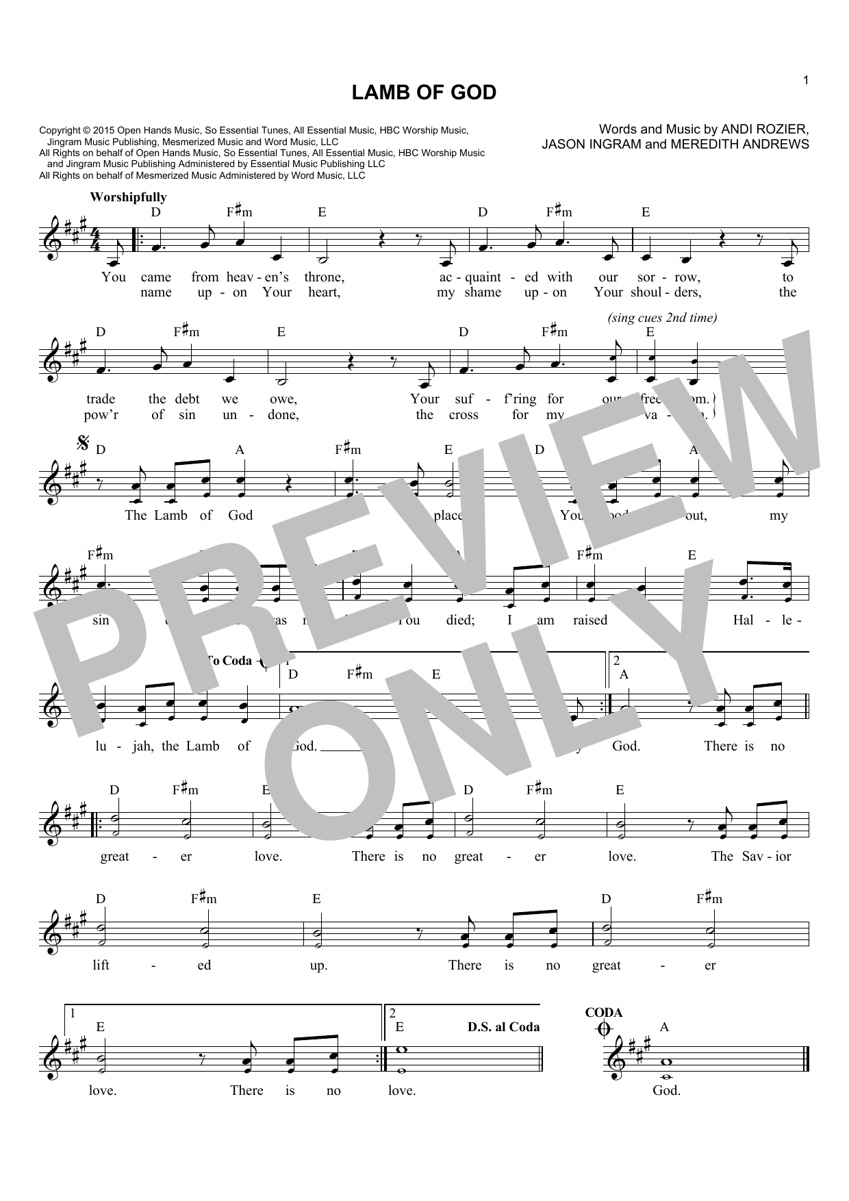 Andi Rozier Lamb Of God Sheet Music Notes & Chords for Melody Line, Lyrics & Chords - Download or Print PDF