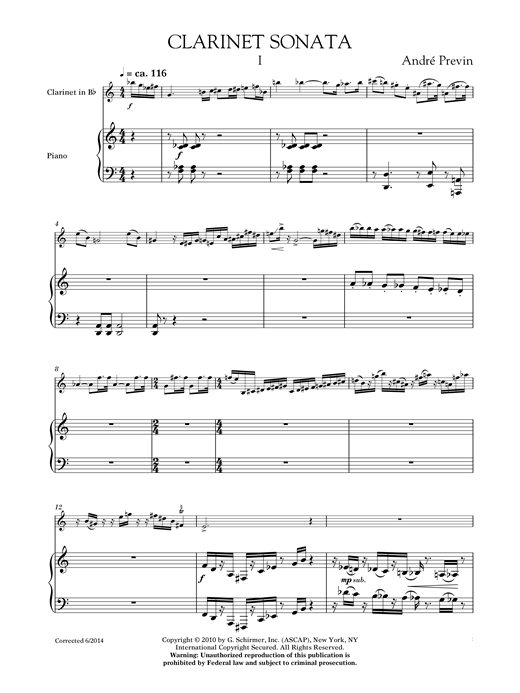 André Previn Sonata For Clarinet And Piano Sheet Music Notes & Chords for Chamber Group - Download or Print PDF