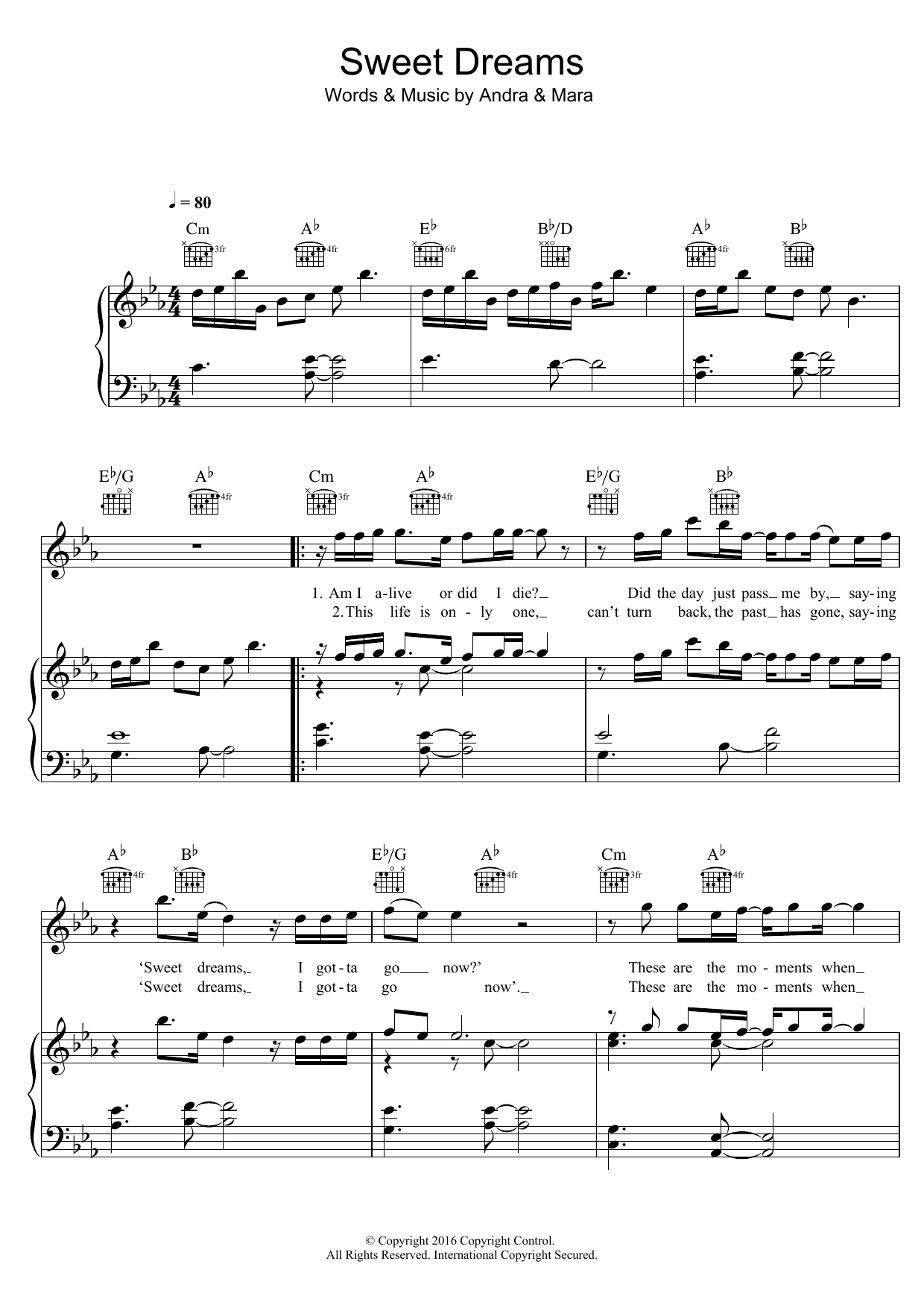 Andra & Mara Sweet Dreams Sheet Music Notes & Chords for Piano, Vocal & Guitar (Right-Hand Melody) - Download or Print PDF