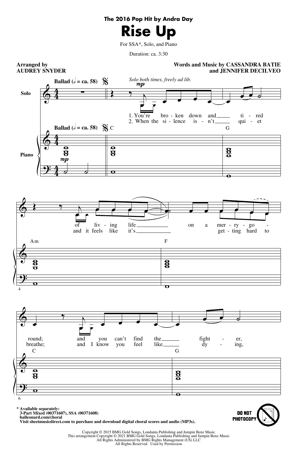 Andra Day Rise Up (arr. Audrey Snyder) Sheet Music Notes & Chords for 3-Part Mixed Choir - Download or Print PDF