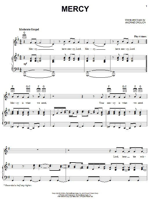 Andrae Crouch Mercy Sheet Music Notes & Chords for Piano, Vocal & Guitar (Right-Hand Melody) - Download or Print PDF