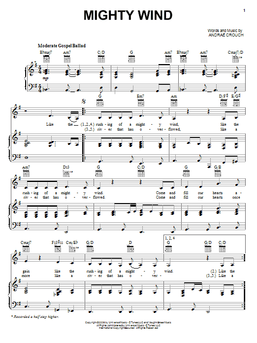 Preview Andrae Crouch Mighty Wind Pop sheet music, notes and chords for Piano, Vocal & Guitar (Right-Hand Melody), SKU: 60940 Mighty Wind sheet music