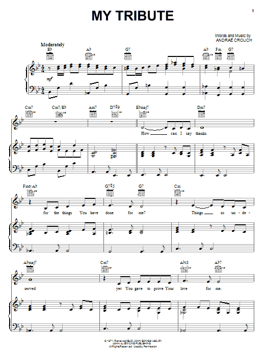 Preview Andrae Crouch My Tribute Christian sheet music, notes and chords for Piano, Vocal & Guitar (Right-Hand Melody), SKU: 52583 My Tribute sheet music