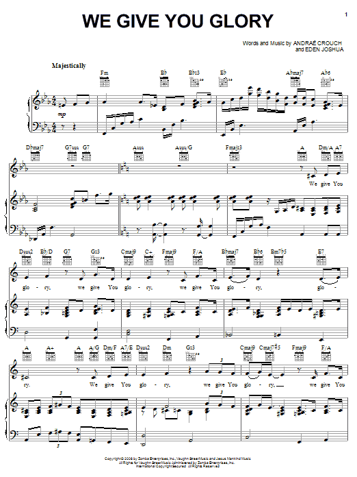 Preview Andrae Crouch We Give You Glory Pop sheet music, notes and chords for Piano, Vocal & Guitar (Right-Hand Melody), SKU: 60951 We Give You Glory sheet music