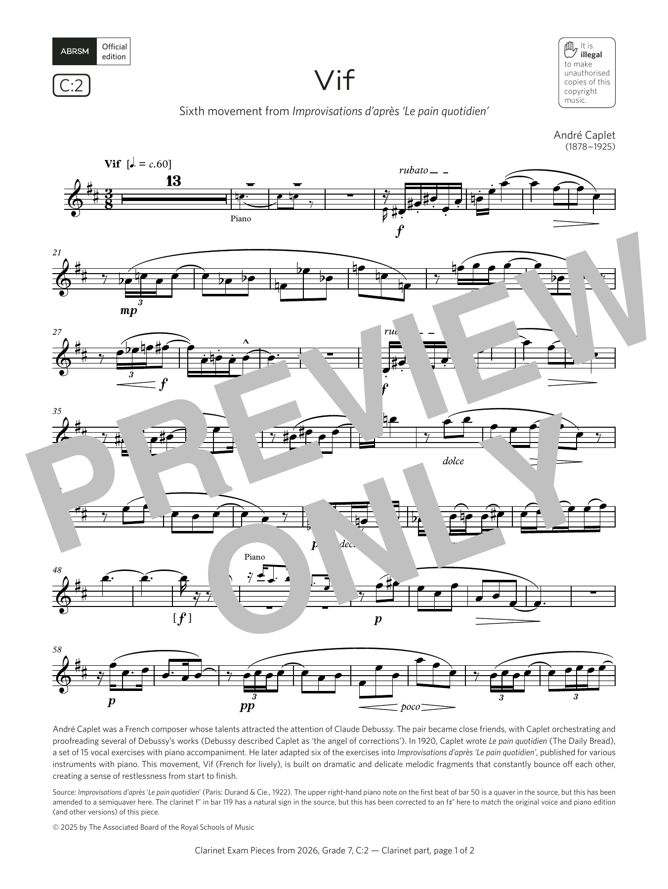 André Caplet Vif (Grade 7, list C2, from the ABRSM Clarinet Syllabus from 2026) Sheet Music Notes & Chords for Clarinet Solo - Download or Print PDF André Caplet Vif (Grade 7, list C2, from the ABRSM Clarinet Syllabus from 2026) Sheet Music Notes & Chords for Clarinet Solo - Download or Print PDF