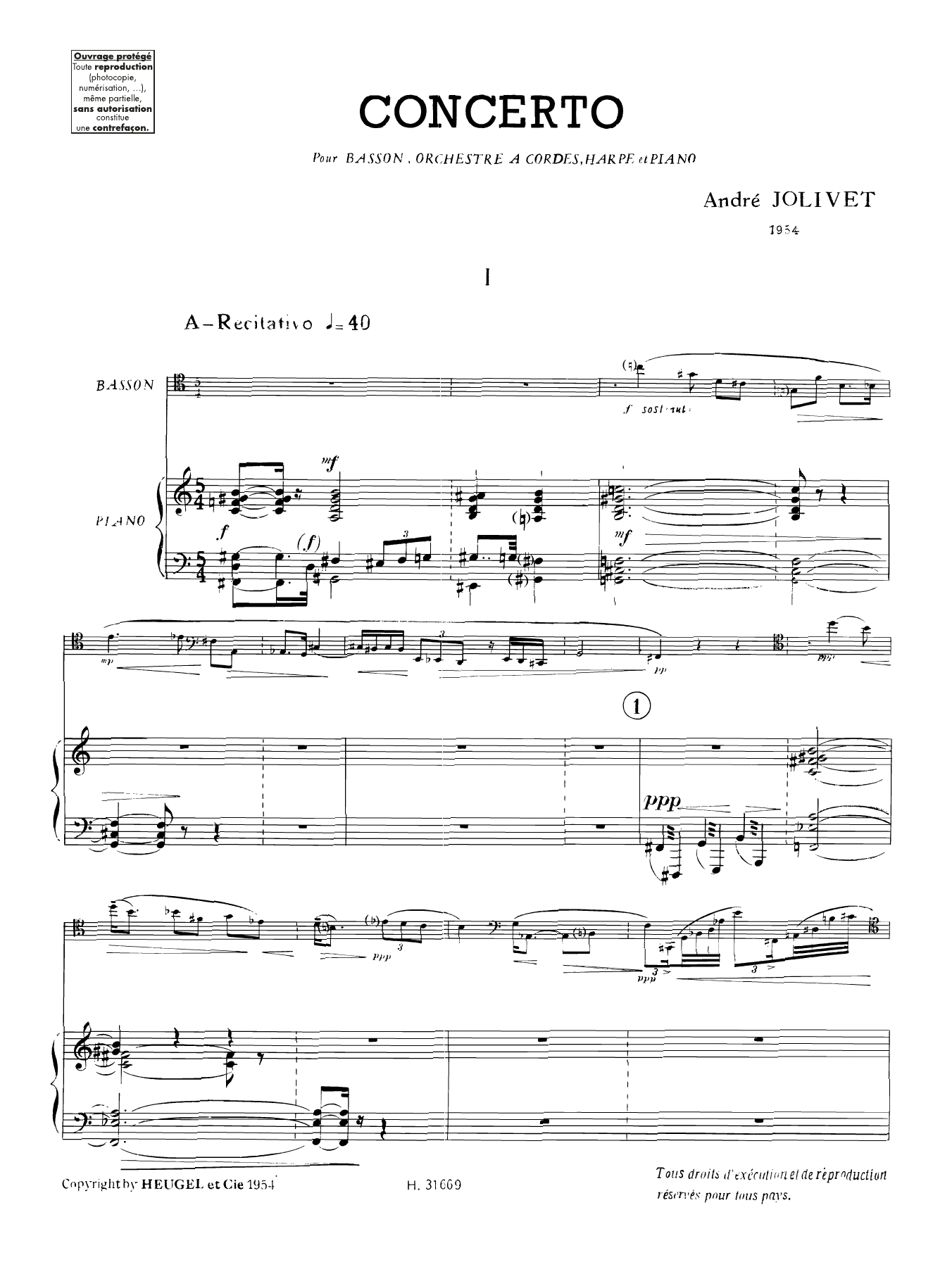 André Jolivet Concerto for Bassoon, transcription for Bass Clarinet Sheet Music Notes & Chords for Piano Solo - Download or Print PDF