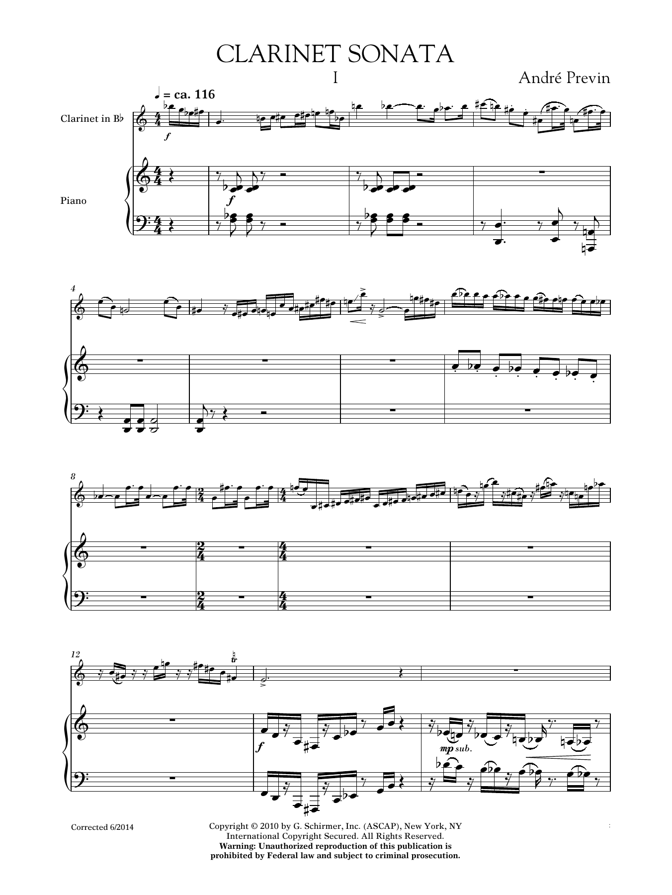 André Previn Sonata For Clarinet And Piano Sheet Music Notes & Chords for Chamber Group - Download or Print PDF