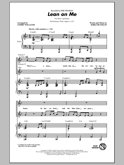 Kirk Franklin Lean On Me (arr. Andre Williams) Sheet Music Notes & Chords for SSA - Download or Print PDF