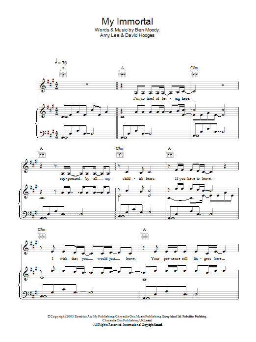 Andrea Begley My Immortal Sheet Music Notes & Chords for Piano, Vocal & Guitar (Right-Hand Melody) - Download or Print PDF