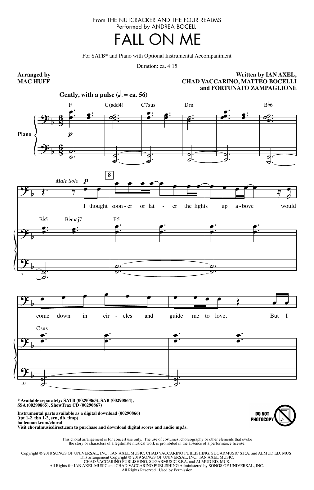 Andrea Bocelli & Matteo Bocelli Fall On Me (from The Nutcracker and the Four Realms) (arr. Mac Huff) Sheet Music Notes & Chords for SAB Choir - Download or Print PDF