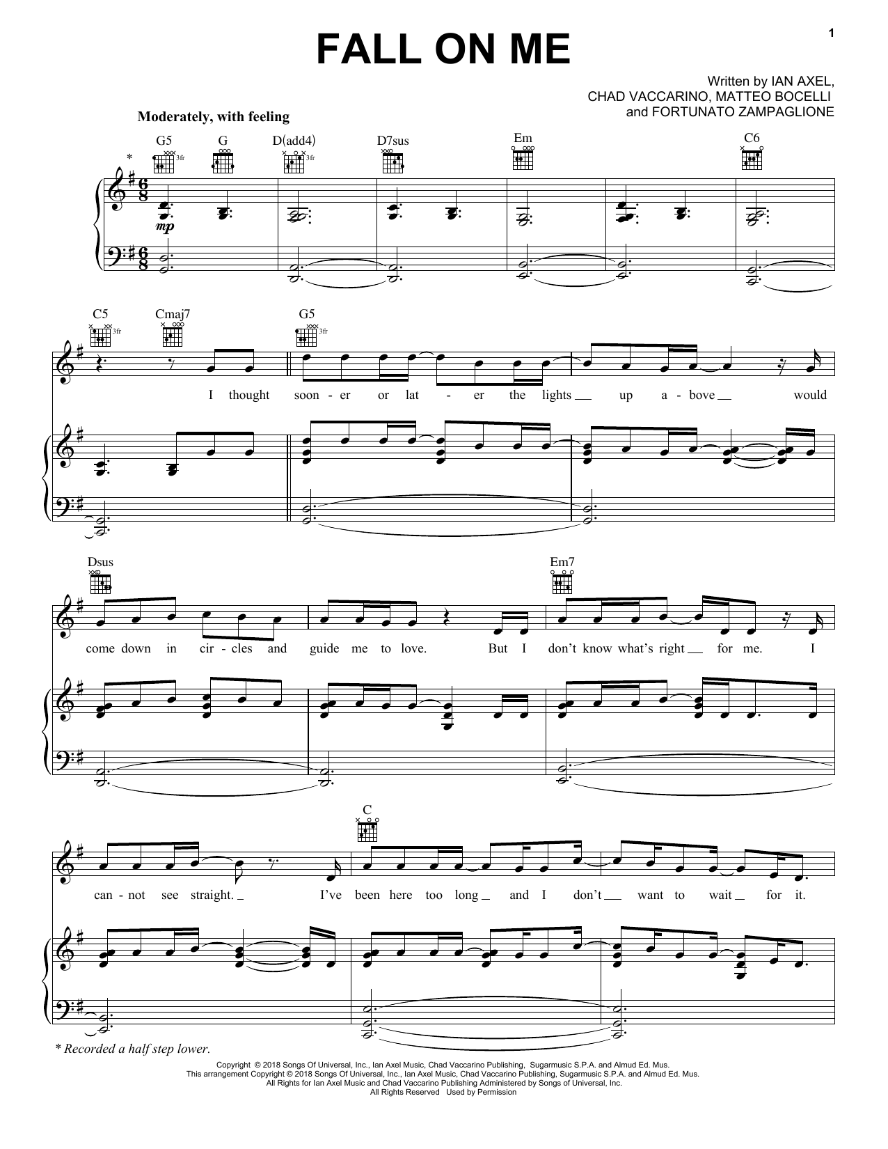 Andrea Bocelli & Matteo Bocelli Fall On Me (from The Nutcracker and the Four Realms) Sheet Music Notes & Chords for Piano, Vocal & Guitar (Right-Hand Melody) - Download or Print PDF