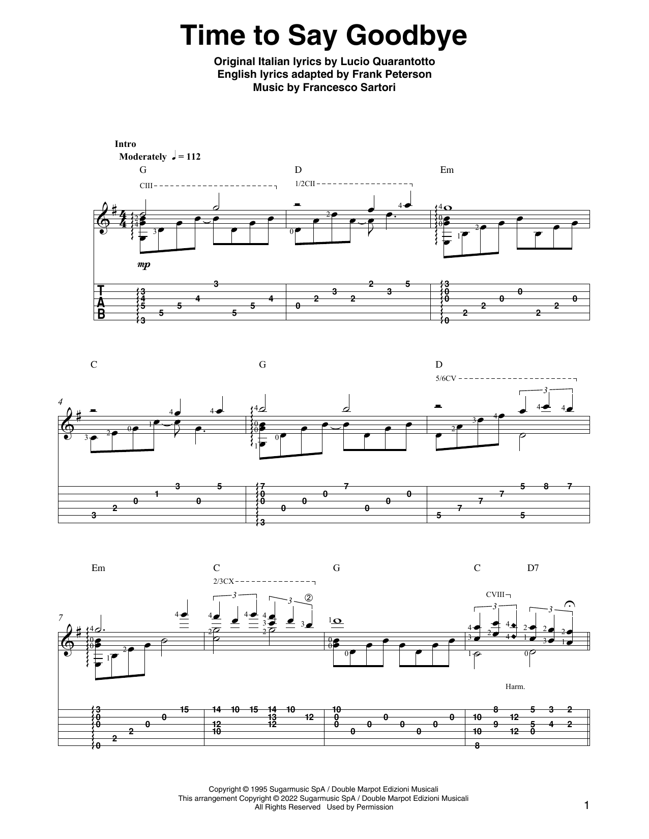 Andrea Bocelli & Sarah Brightman Time To Say Goodbye (arr. Ben Pila) Sheet Music Notes & Chords for Solo Guitar - Download or Print PDF