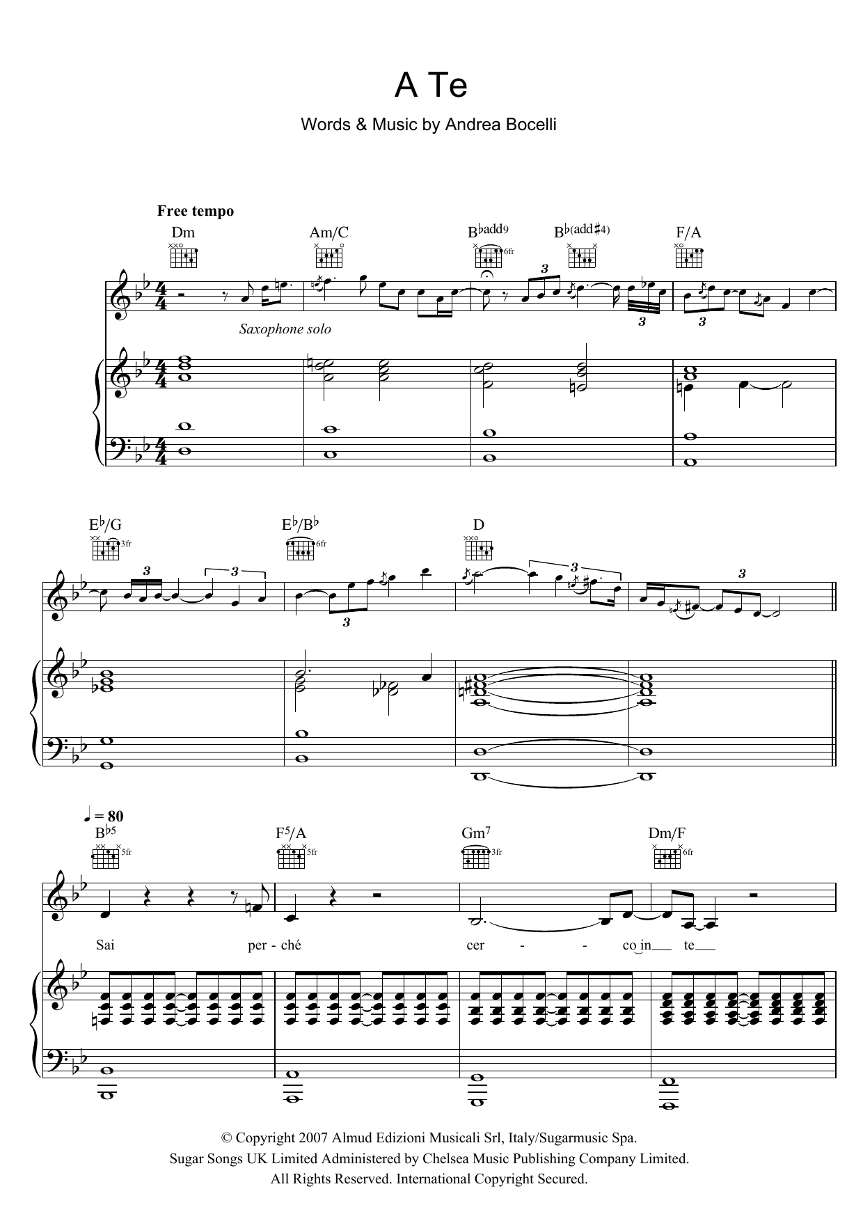 Andrea Bocelli A Te Sheet Music Notes & Chords for Piano & Vocal - Download or Print PDF