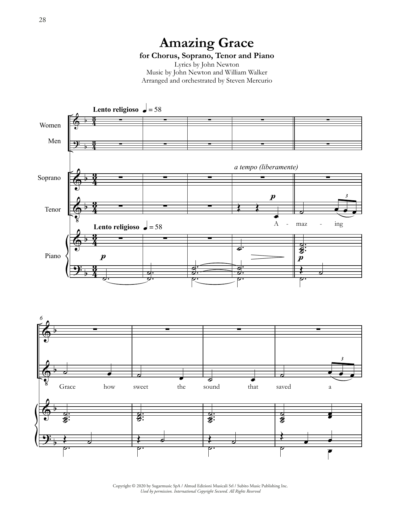Andrea Bocelli Amazing Grace (arr. Steven Mercurio) Sheet Music Notes & Chords for SSATB Choir - Download or Print PDF