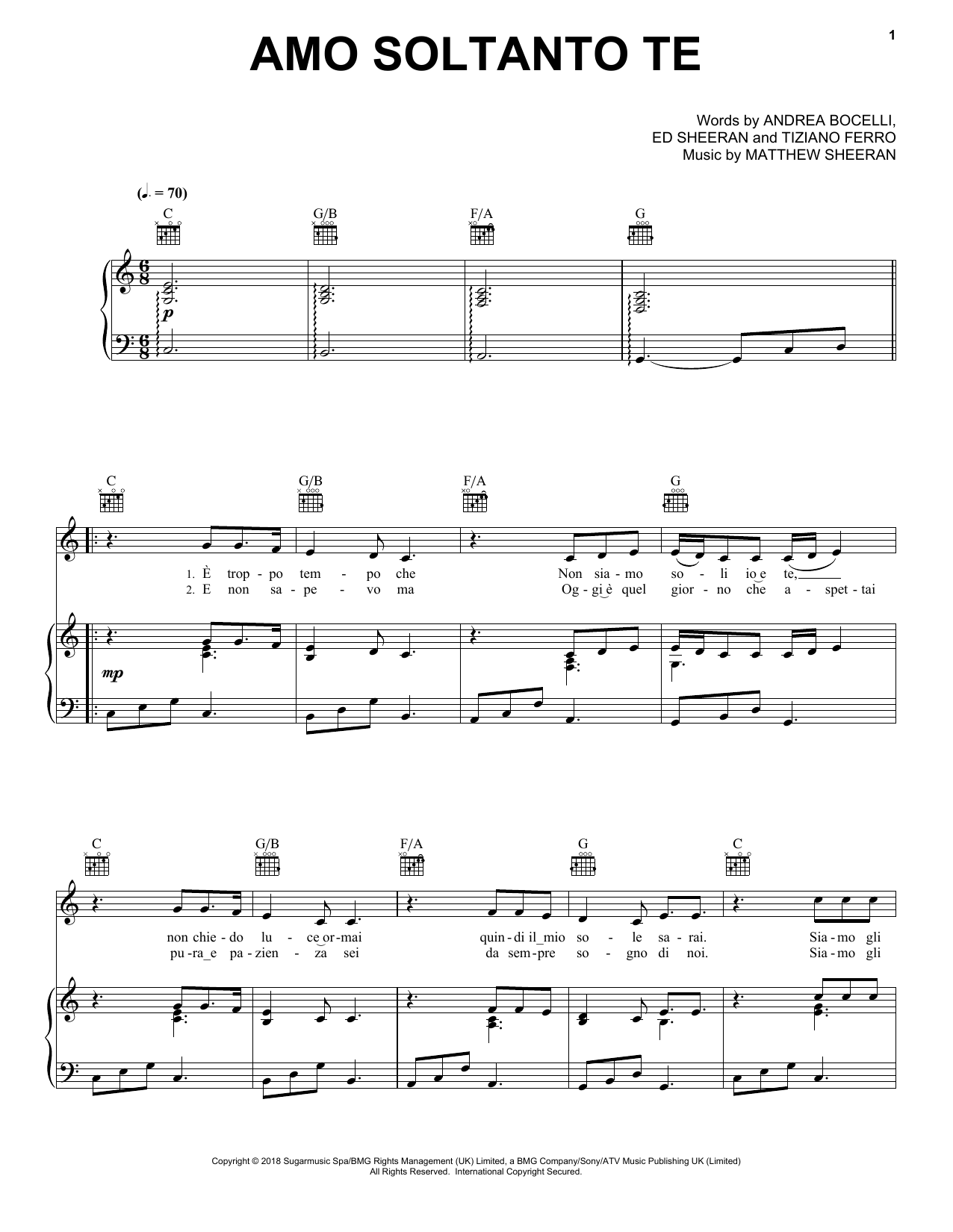 Andrea Bocelli Amo soltanto te (feat. Ed Sheeran) Sheet Music Notes & Chords for Piano, Vocal & Guitar (Right-Hand Melody) - Download or Print PDF