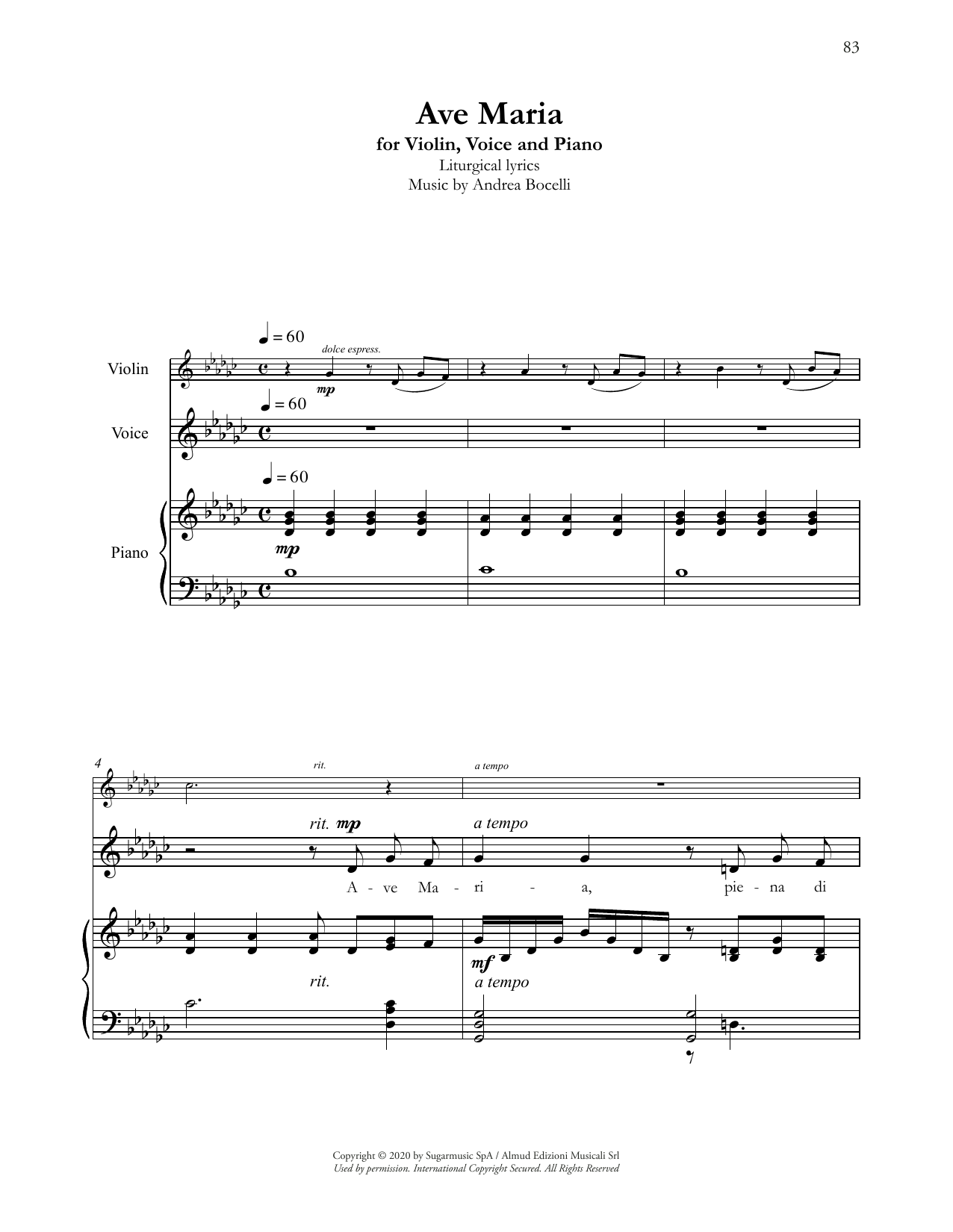 Andrea Bocelli Ave Maria (with Violin) Sheet Music Notes & Chords for Piano & Vocal - Download or Print PDF