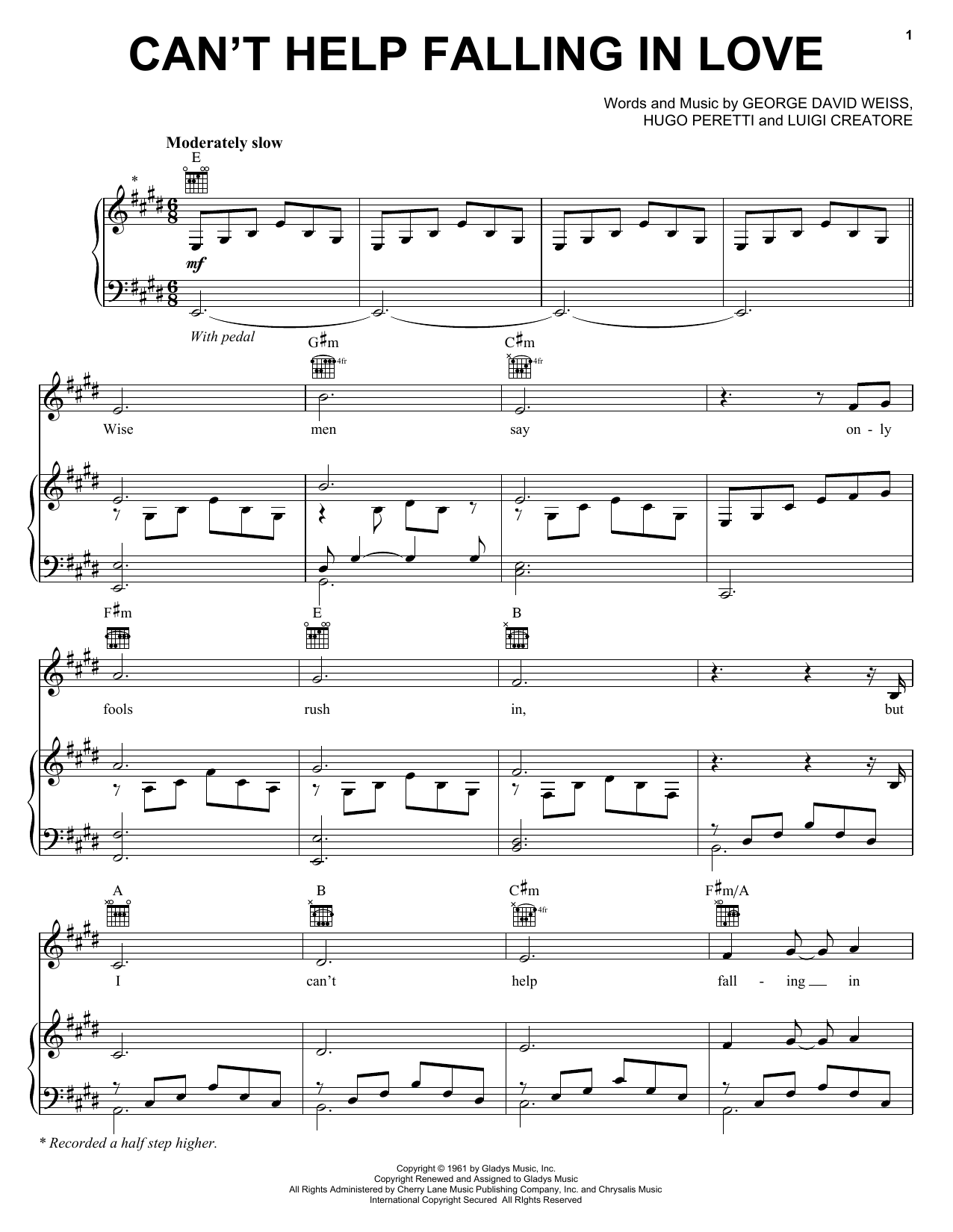 Andrea Bocelli Can't Help Falling In Love Sheet Music Notes & Chords for Piano, Vocal & Guitar (Right-Hand Melody) - Download or Print PDF