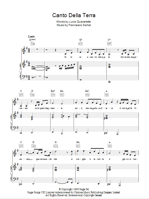 Andrea Bocelli Canto Della Terra Sheet Music Notes & Chords for Piano, Vocal & Guitar - Download or Print PDF