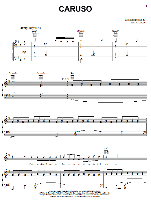 Andrea Bocelli Caruso Sheet Music Notes & Chords for Piano, Vocal & Guitar (Right-Hand Melody) - Download or Print PDF