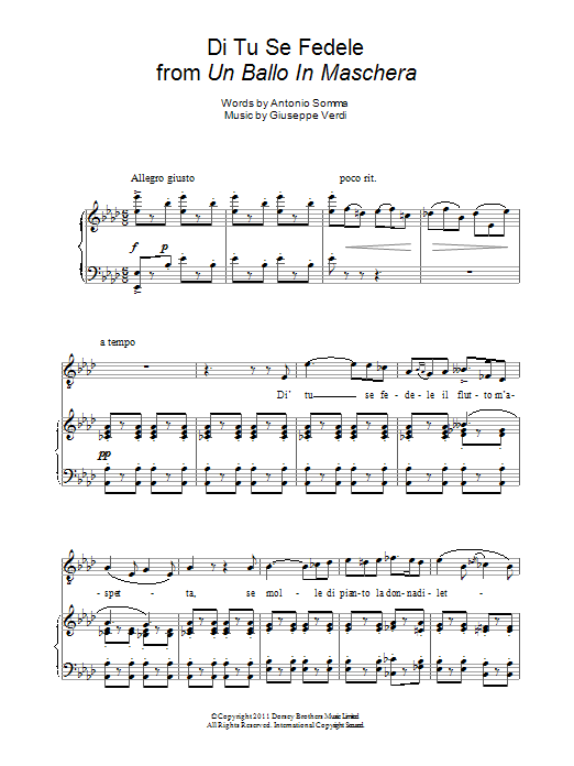 Andrea Bocelli Di Tu Se Fedele Sheet Music Notes & Chords for Piano & Vocal - Download or Print PDF