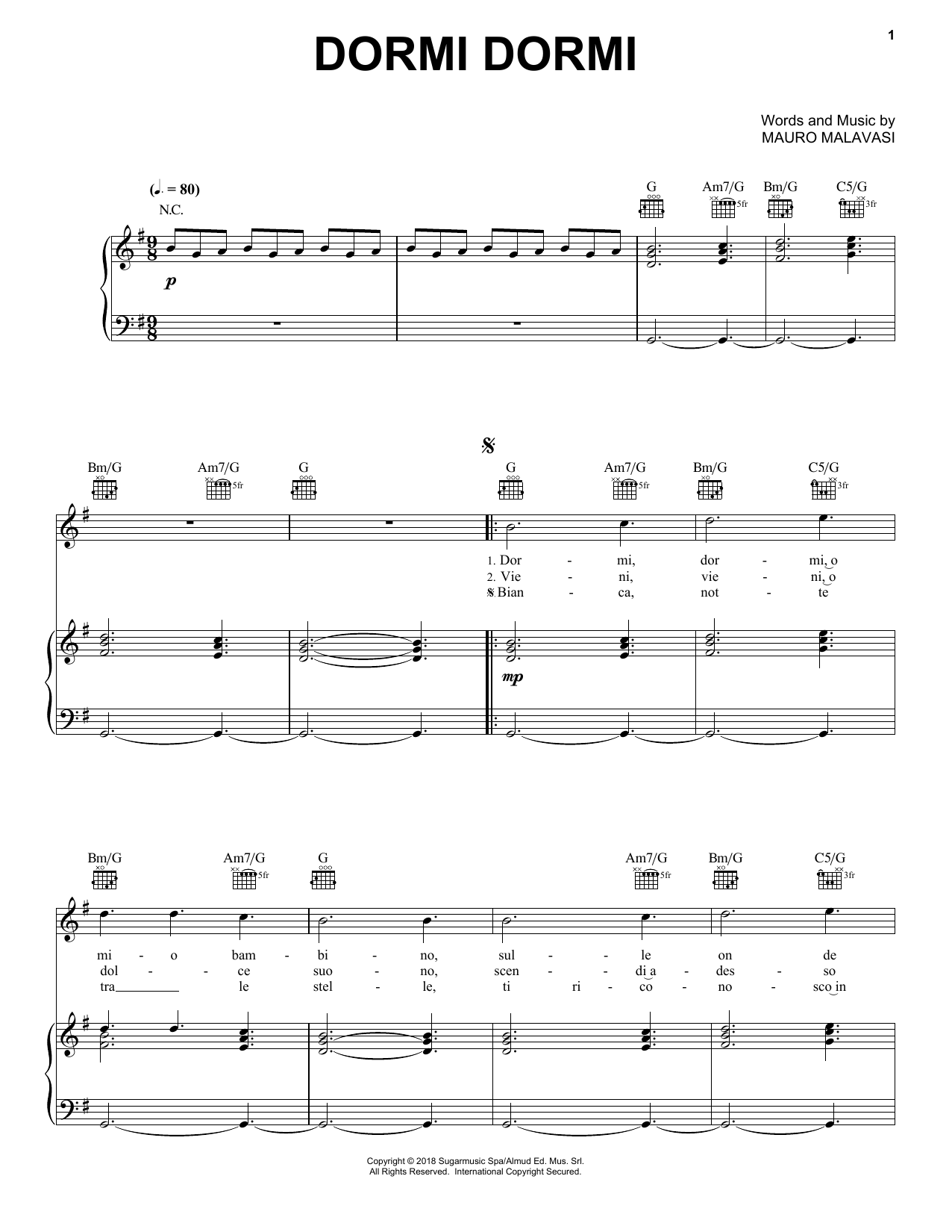 Andrea Bocelli Dormi Dormi Sheet Music Notes & Chords for Piano, Vocal & Guitar (Right-Hand Melody) - Download or Print PDF