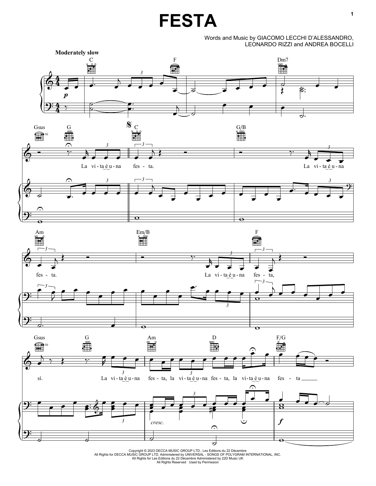 Andrea Bocelli Festa (John Lewis 2023) Sheet Music Notes & Chords for Piano, Vocal & Guitar Chords (Right-Hand Melody) - Download or Print PDF