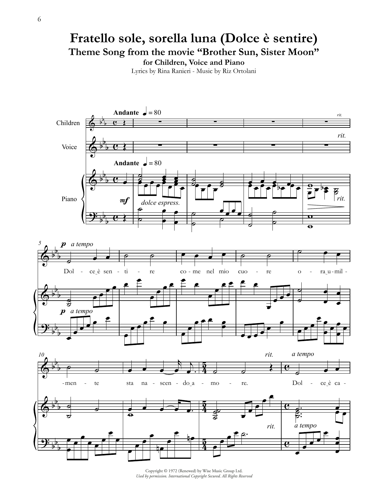 Andrea Bocelli Fratello Sole, Sorella Luna (Dolce è sentire) (Theme from Brother Sun, Sister Moon) Sheet Music Notes & Chords for Piano & Vocal - Download or Print PDF