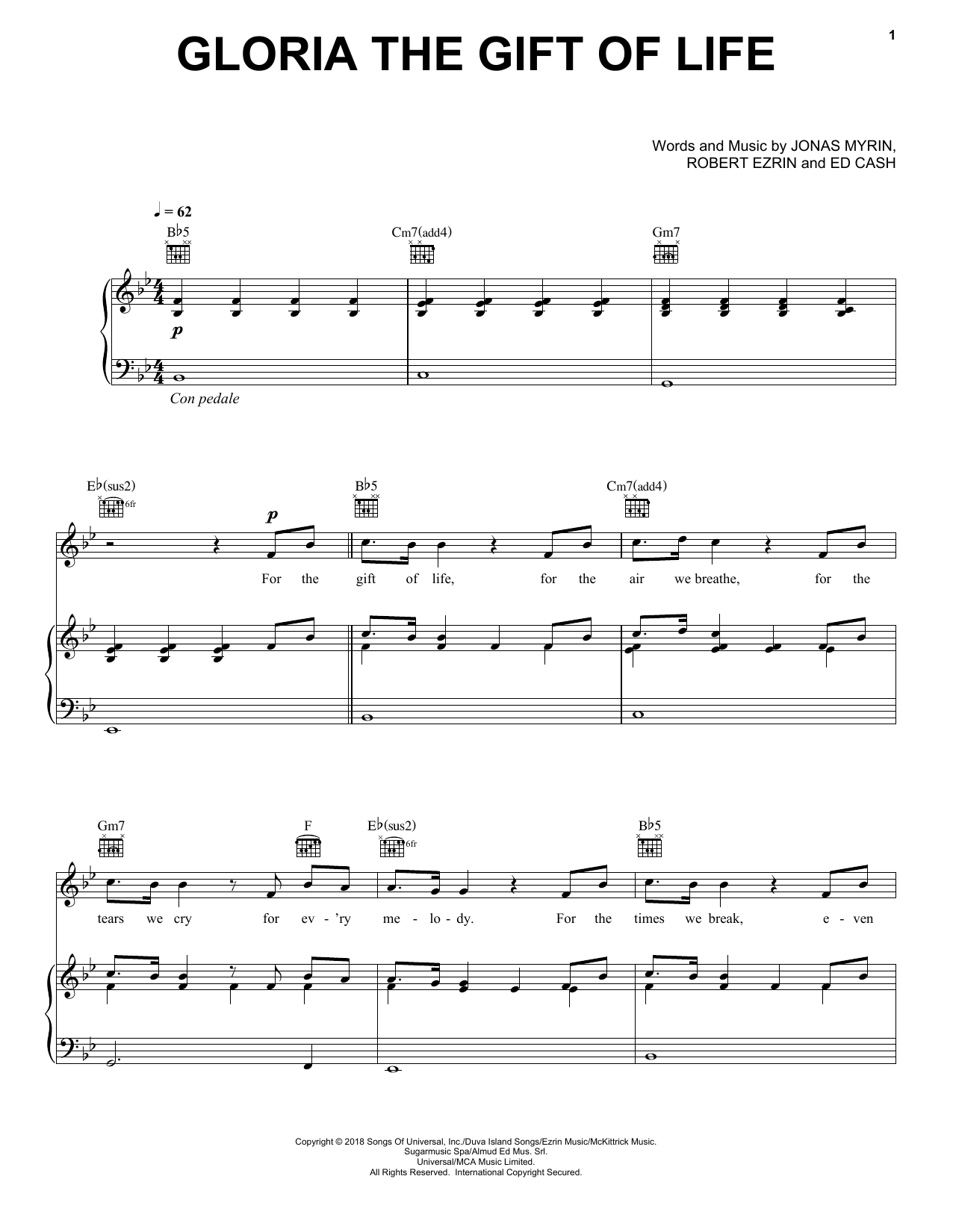 Andrea Bocelli Gloria The Gift Of Life Sheet Music Notes & Chords for Piano, Vocal & Guitar (Right-Hand Melody) - Download or Print PDF
