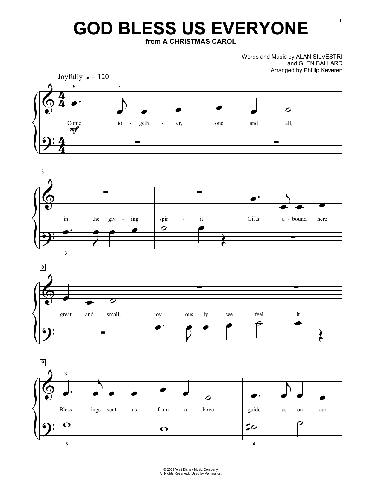 Andrea Bocelli God Bless Us Everyone (from Disney's A Christmas Carol) (arr. Phillip Keveren) Sheet Music Notes & Chords for Big Note Piano - Download or Print PDF