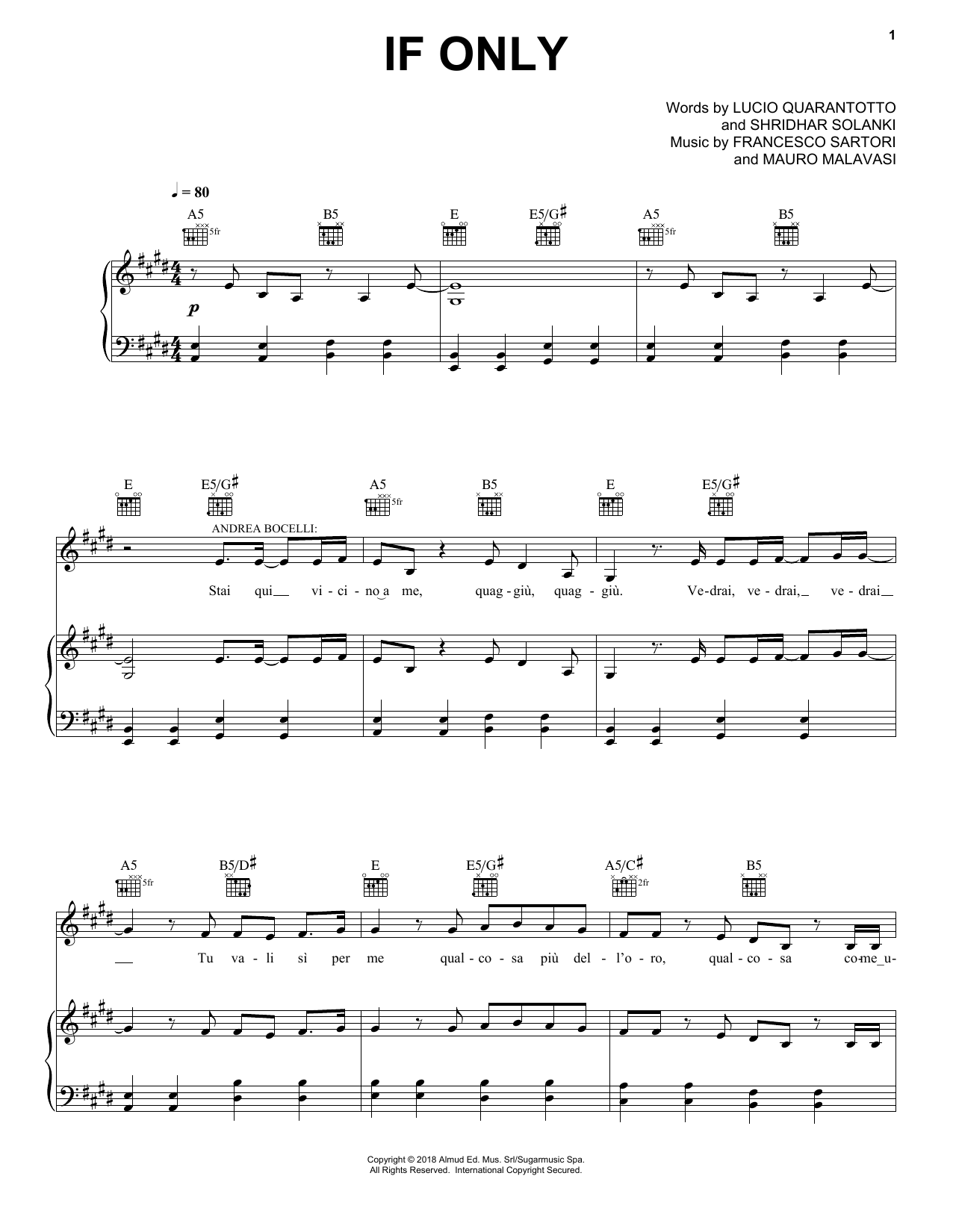 Andrea Bocelli If Only (feat. Dua Lipa) Sheet Music Notes & Chords for Piano, Vocal & Guitar (Right-Hand Melody) - Download or Print PDF