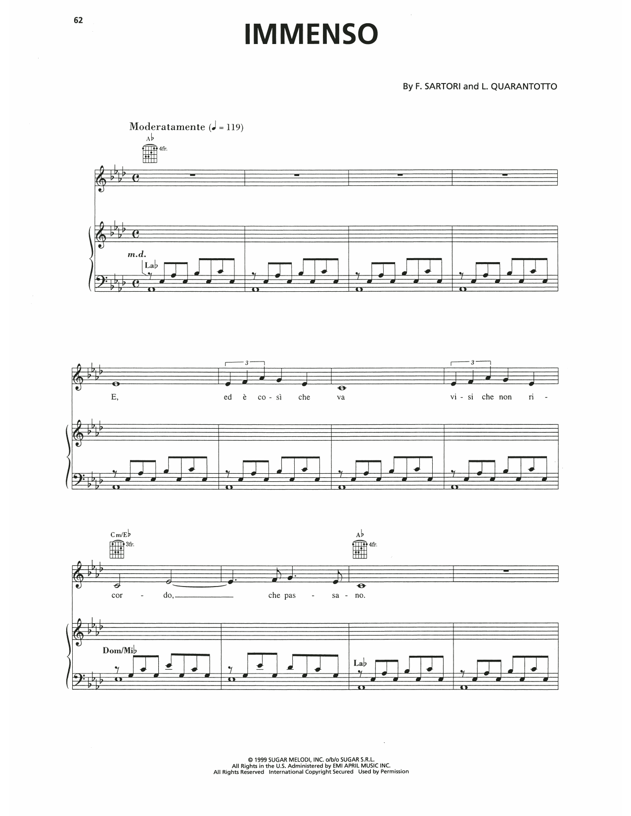 Andrea Bocelli Immenso Sheet Music Notes & Chords for Piano, Vocal & Guitar Chords (Right-Hand Melody) - Download or Print PDF