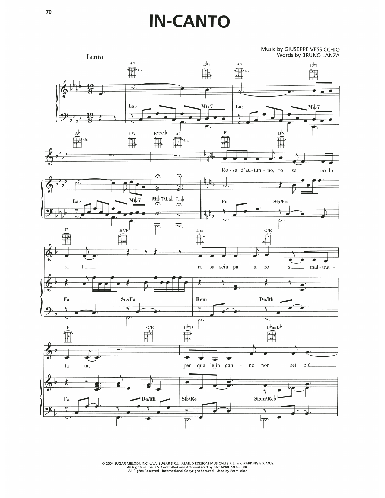 Andrea Bocelli In-Canto Sheet Music Notes & Chords for Piano, Vocal & Guitar Chords (Right-Hand Melody) - Download or Print PDF