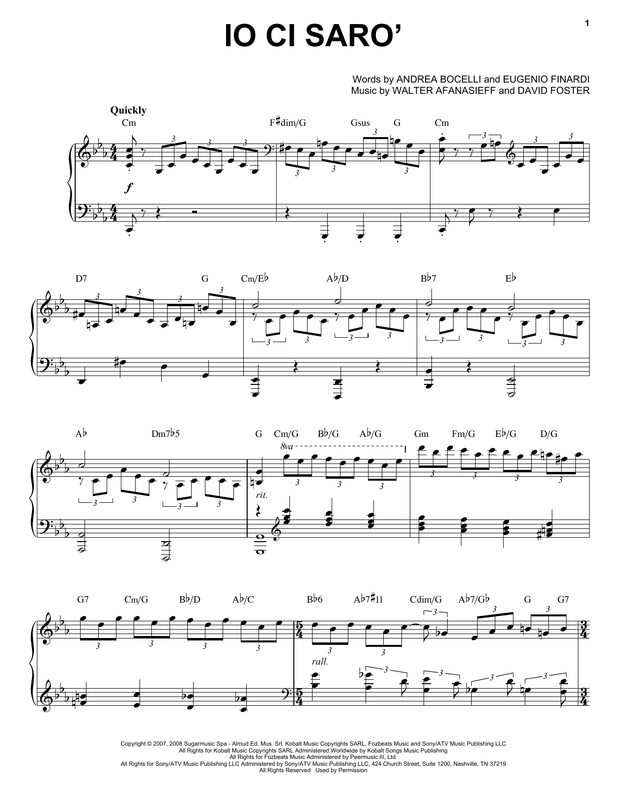 Andrea Bocelli Io Ci Saro' Sheet Music Notes & Chords for Piano & Vocal - Download or Print PDF