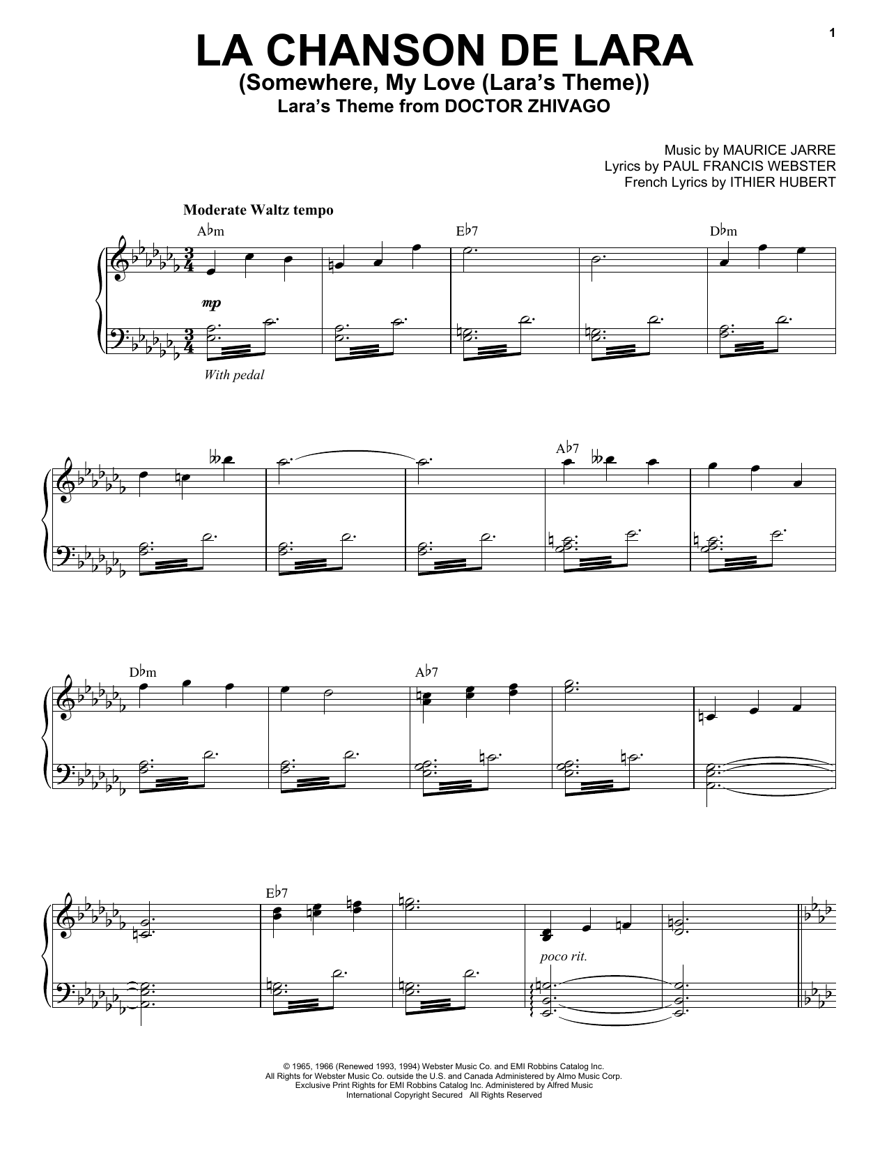 Andrea Bocelli La Chanson De Lara (Somewhere, My Love (Lara's Theme)) Sheet Music Notes & Chords for Piano & Vocal - Download or Print PDF