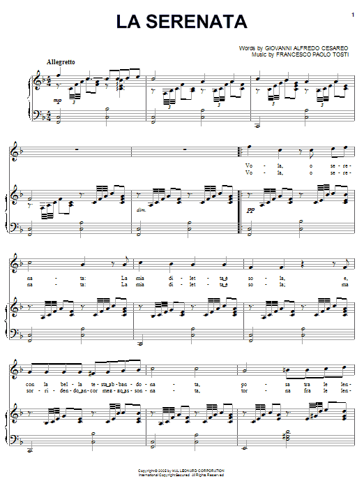 Andrea Bocelli La Serenata Sheet Music Notes & Chords for Piano, Vocal & Guitar (Right-Hand Melody) - Download or Print PDF