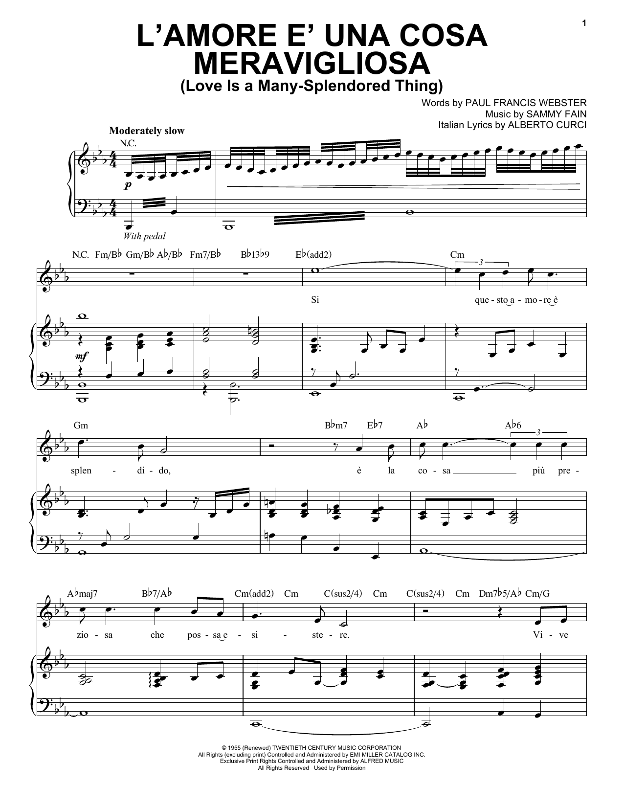 Andrea Bocelli L'Amore E Una Cosa Mervavigliosa (Love Is A Many-Splendored Thing) Sheet Music Notes & Chords for Piano & Vocal - Download or Print PDF