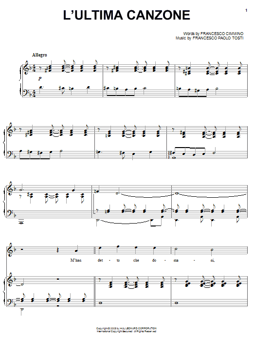 Andrea Bocelli L'ultima canzone Sheet Music Notes & Chords for Piano, Vocal & Guitar (Right-Hand Melody) - Download or Print PDF