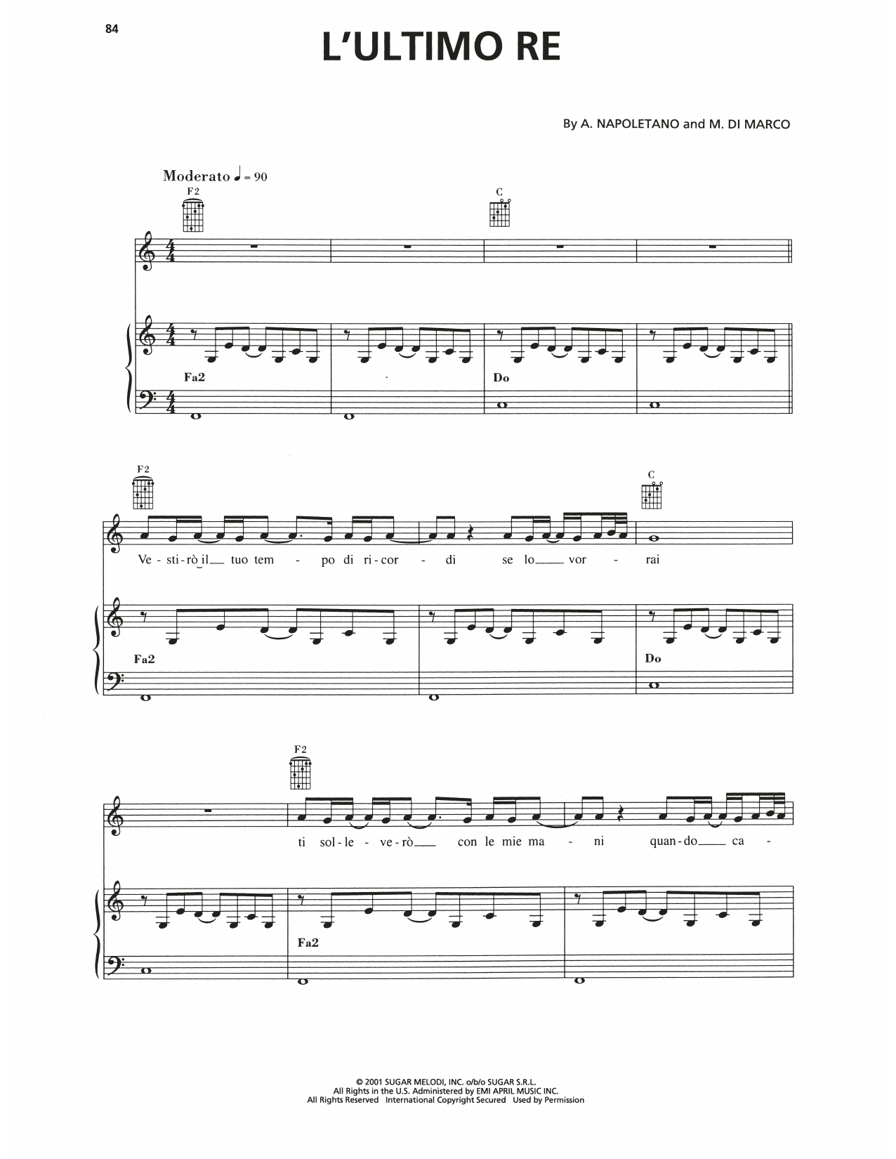 Andrea Bocelli L'Ultimo Re Sheet Music Notes & Chords for Piano, Vocal & Guitar Chords (Right-Hand Melody) - Download or Print PDF
