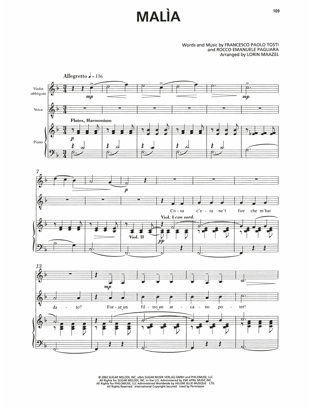 Andrea Bocelli Malia Sheet Music Notes & Chords for Piano, Vocal & Guitar Chords (Right-Hand Melody) - Download or Print PDF